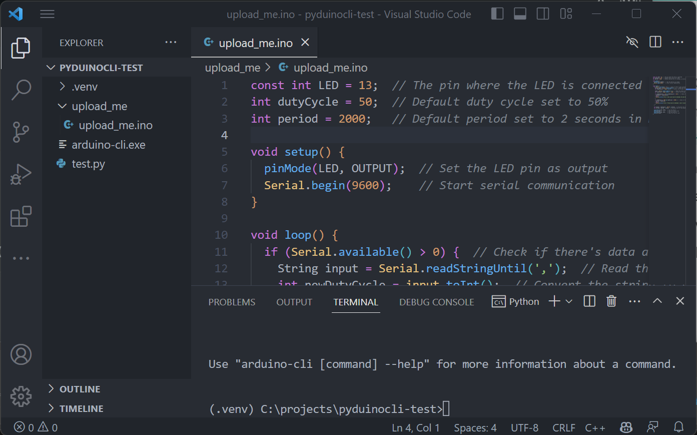 VSCode window with some arduino code in it