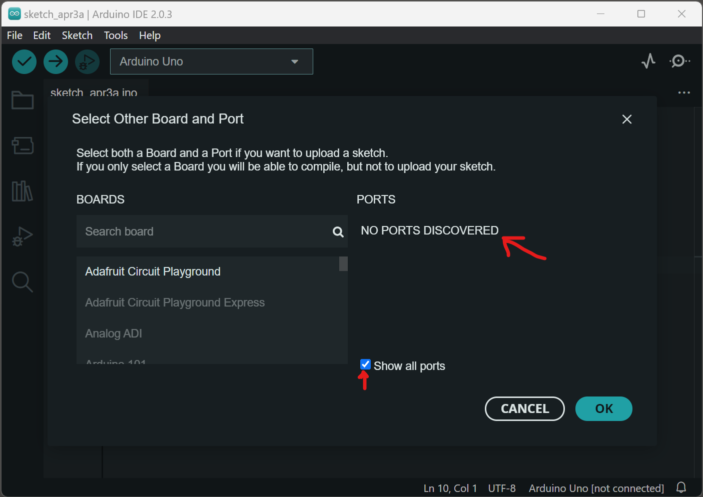 Screenshot of Arduino IDE showing no ports available