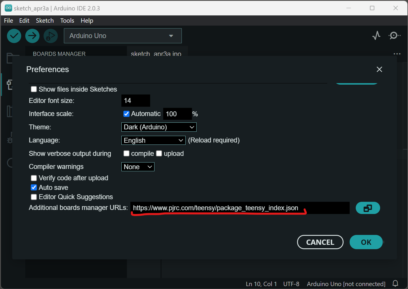 Screenshot of Arduino IDE showing adding teensy board manager via link