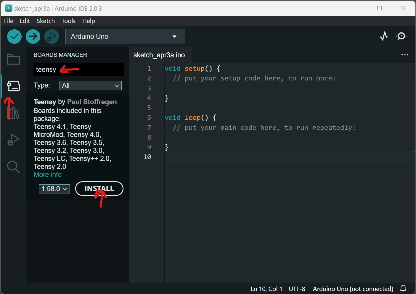 Screenshot of Arduino IDE showing installing teensy in board managers tab