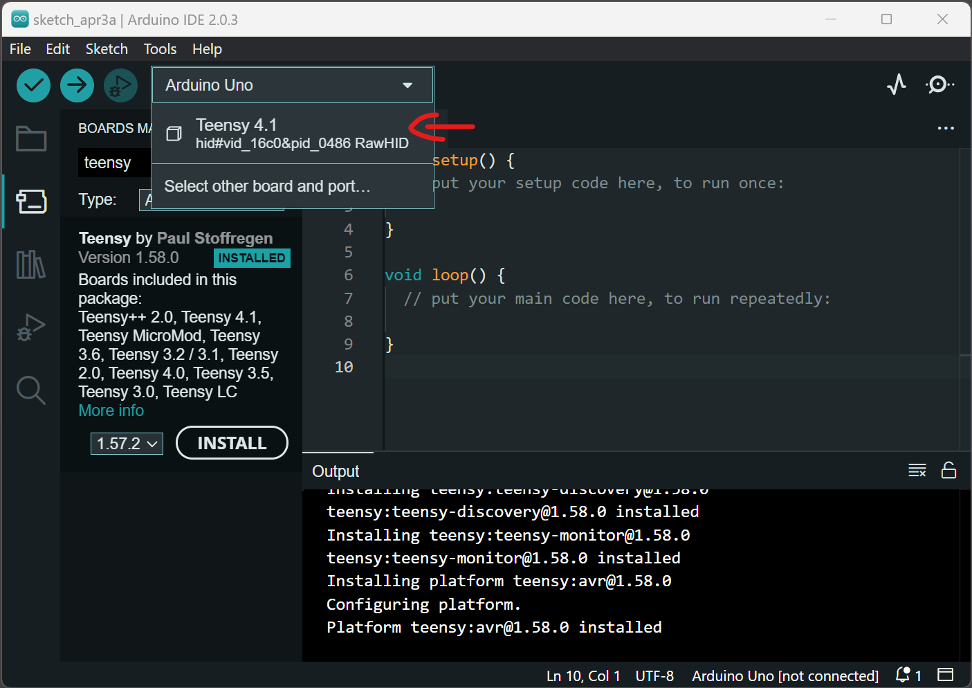 Screenshot showing selecting teensy 4.1 from list of connected boards